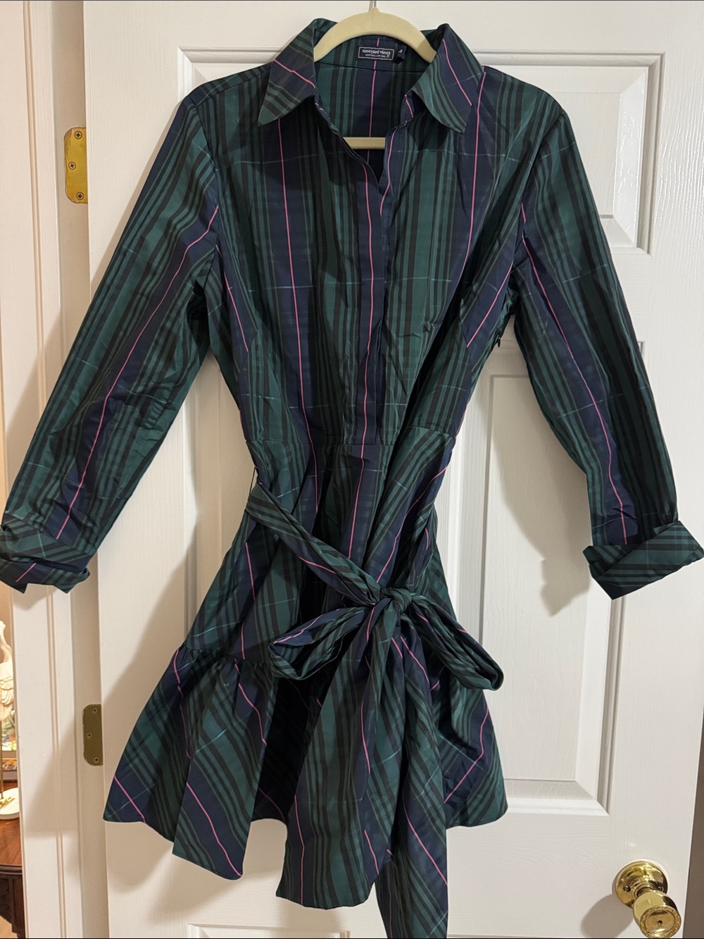 Vineyard Vines Green Plaid Shirt Dress with Pink Stripe Tie